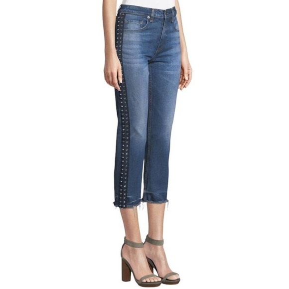 Veronica Beard Ines Cropped Straight-Leg Girlfriend Jeans 28 Blue Rhinestones - Picture 2 of 16